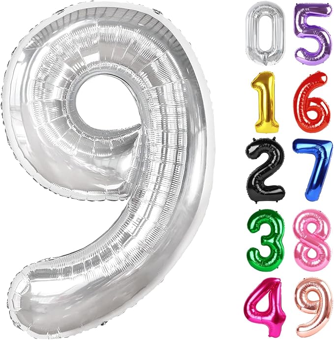 Silver Number 9 Balloon 40 Inch, 9th Birthday Party Decorations Men Women | by IWERP