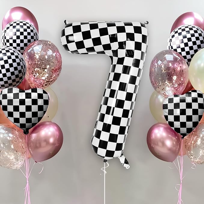Checkered Number 7 Balloon 40 Inch, Large Foil Black and White Number Balloons - Image 2
