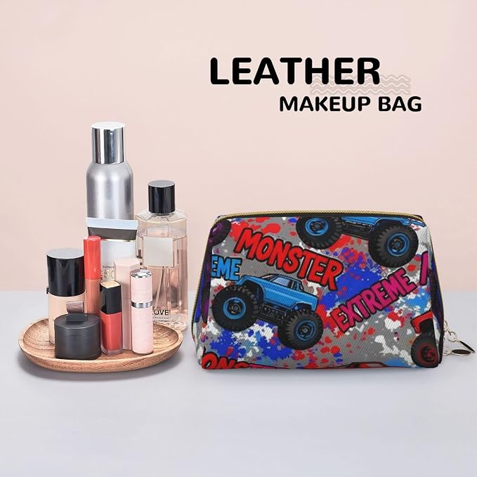 Monster Truck Car Grunge Leather Makeup Bag Cosmetic Pouch Portable Travel - Image 7