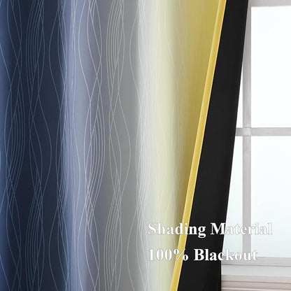 Navy Blue and Yellow Blackout Curtains 45 Inch Length, Full Light Blocking - Image 5