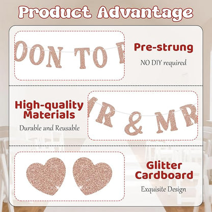 Soon To Be Mr & Mrs Sign for Bridal Shower Banner, Pre-Strung Rose Gold Glitter - Image 3