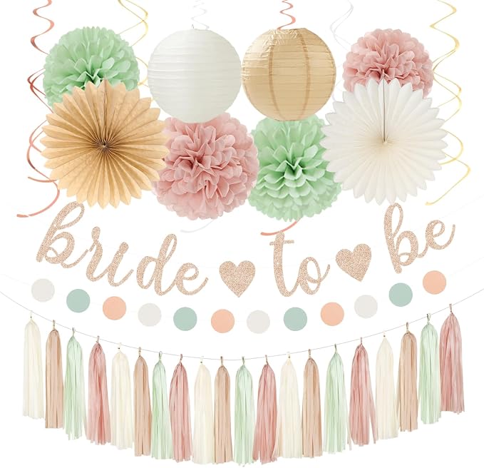 Sage-Green Pink-Beige Bridal-Shower Party-Decorations by Burgleda