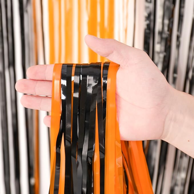 Voircoloria Black Orange Foil Fringe Backdrop Curtains, 3 Pack | Tinsel - Image 2