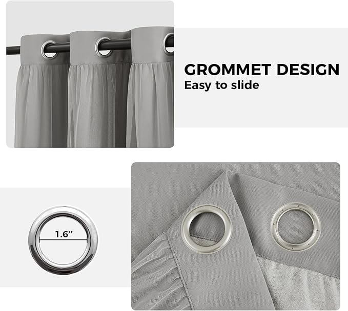 100% Blackout Curtains for Bedroom, Double Layer Grey Curtains, Room Darkening - Image 7