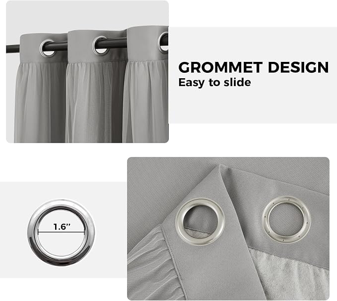 100% Blackout Curtains for Bedroom, Double Layer Grey Curtains, Room Darkening - Image 7