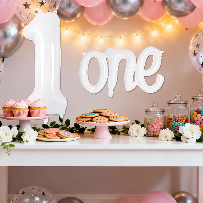 2 Pcs One Balloon Set, 40 Inch Number 1 Balloon and 41 Inch Script Letter One - Image 3