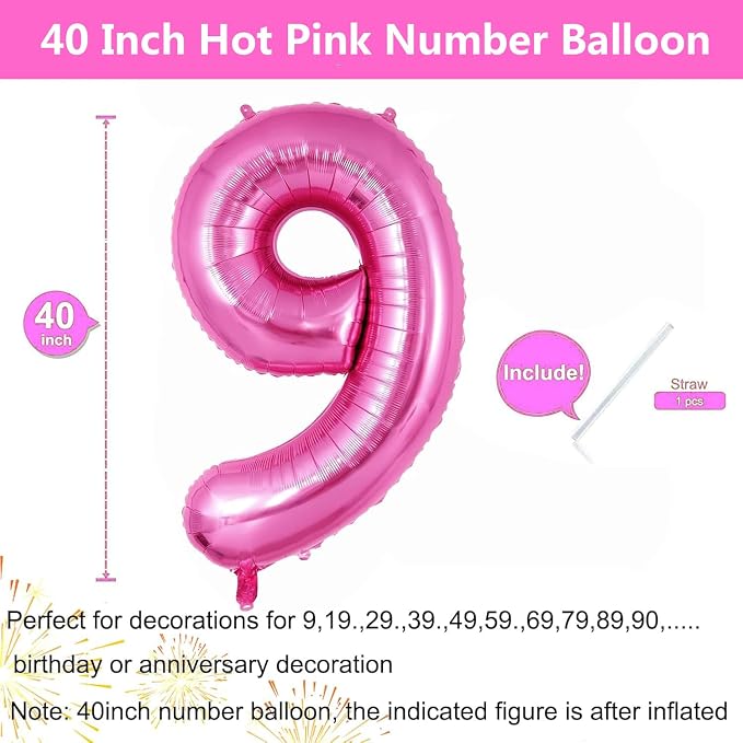 Pink Number Balloons, Large Hot pink Number 9 Balloon 40 Inch Pink 9 Balloon - Image 2