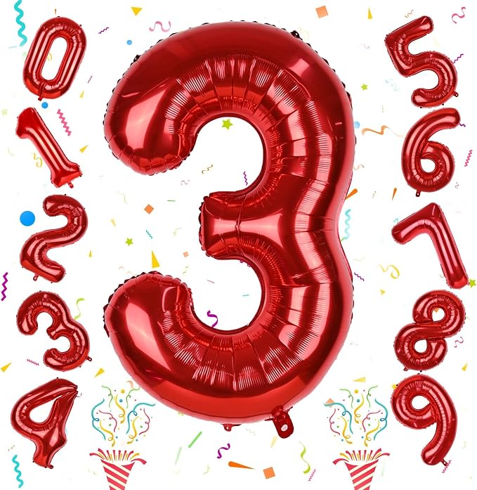 3rd Birthday Number Balloons for Girls Kids, 40 Inch Red Number Balloons 3 by Isndare