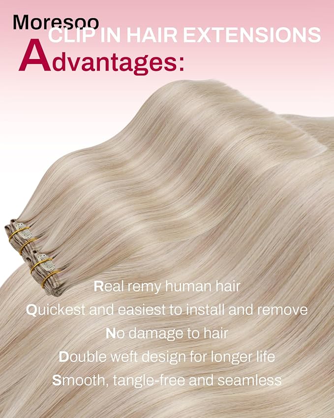 Moresoo Clip in Hair Extensions Remy Double Weft Human Hair Clip in Extensions Straight Hair Extensions for Women Ash Blonde Highlight with Blonde 7pcs 150g 24inch
