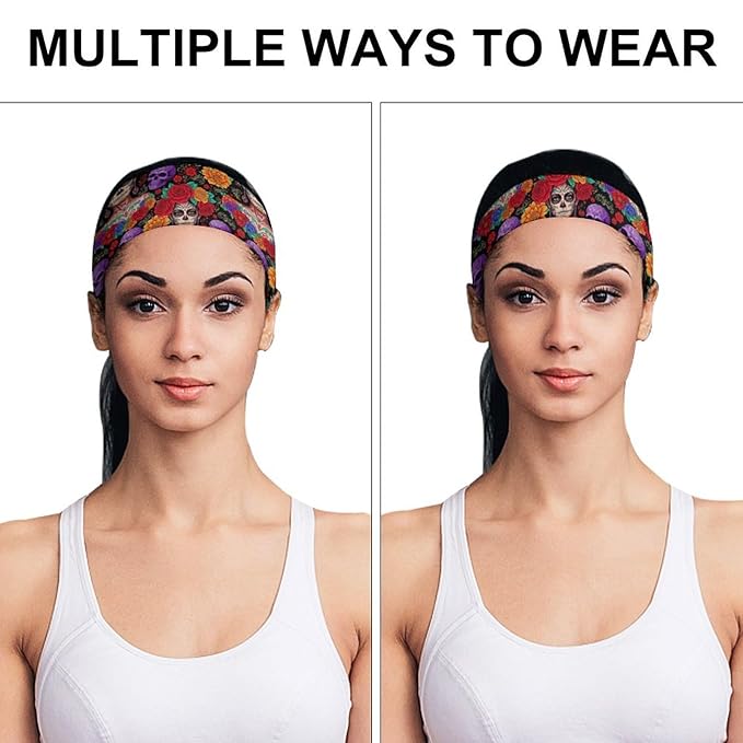 Headbands Men & Women Mexican Rose Sugar Skull Floral Women Day of The Dead Art Sweat Bands for Tennis, Basketball, Running, Gym, Working
