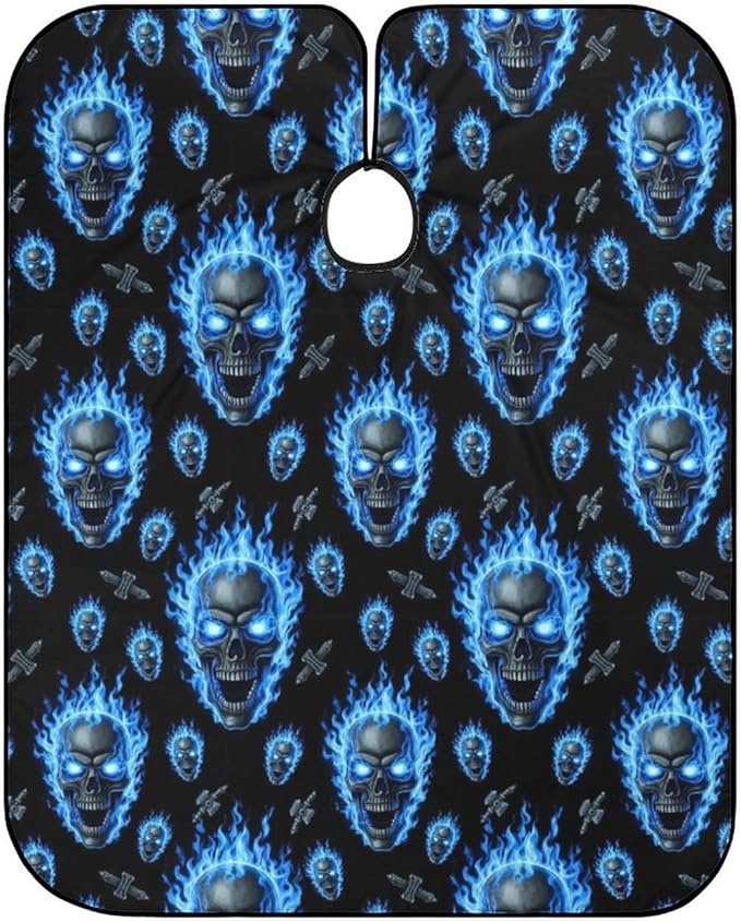 Full Coverage Hair Styling Cape, Blue Fire Flame Skull Professional Hair Cutting Apron Haircuting Salon Cape Gown for Barbers
