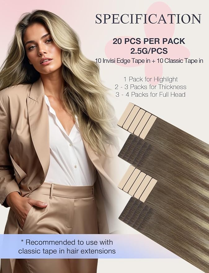 DOORES Invisi Edge Tape in Hair Extensions Human Hair, Ash Brown to Platinum Blonde 10 Injection Tapeins with 10 Classic Tapeins 50g 24 Inch, Virgin Injection Tape in Extensions