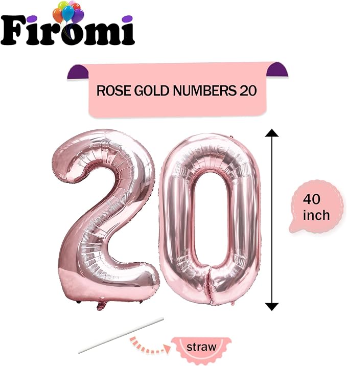 FIROMI 20 Foil Number Balloons Rose Gold 40-inch Big Mylar Balloon Numbers | - Image 2