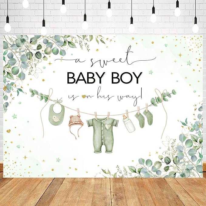 InMemory Sage Green Baby Shower Backdrop Oh Baby Clothes Welcome Newborn Party by InMemory