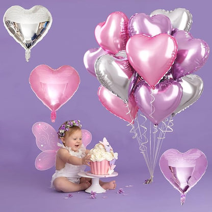 Pink Purple Foil Heart Balloons, 18 Inch 12Pcs Lavender Purple Pink and Silver - Image 5