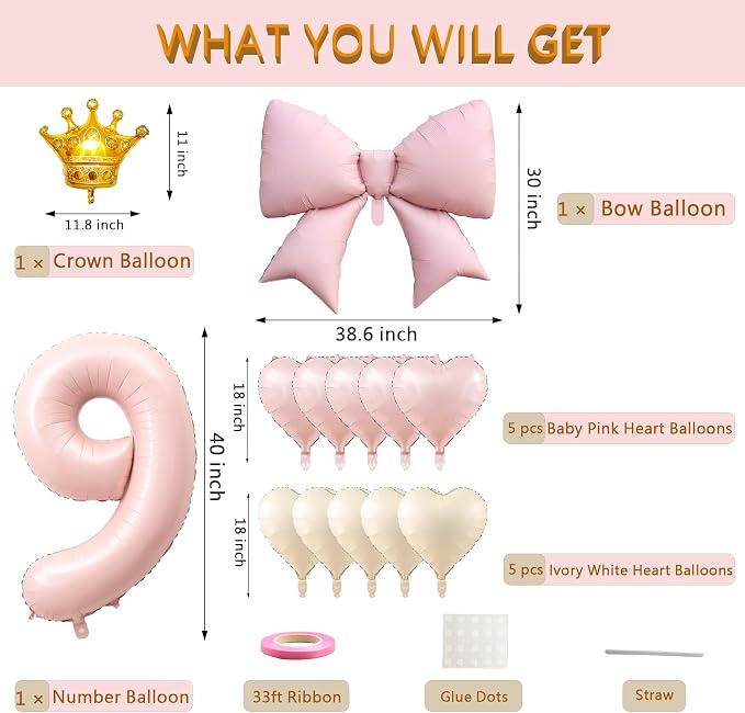 LilyZheng Pastel Pink Number 9 Foil Balloon Set - Image 2