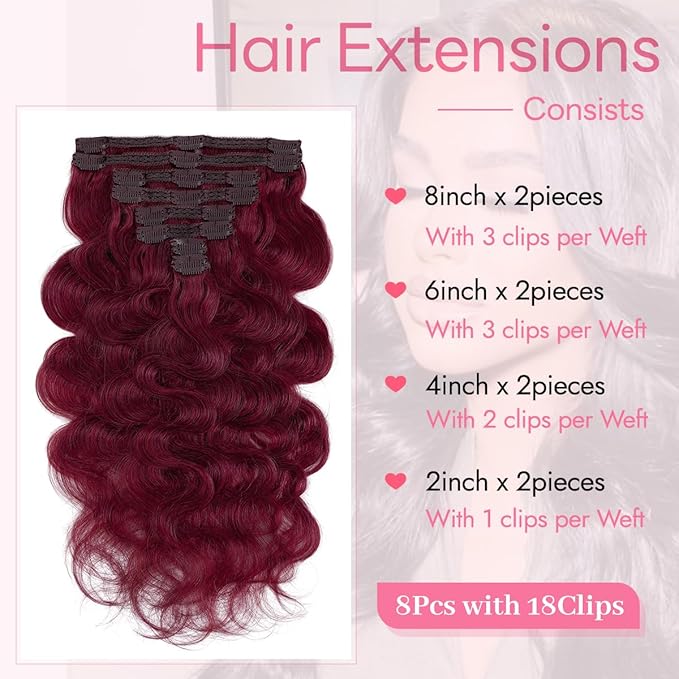 Clip in Hair Extensions Real Human Hair Body Wave 99J Burgundy Clip in 100% Brazilian Remy Human Hair Extensions 8pcs Per Set with 18 Clips Double Weft 18 Inch 100g/3.6oz