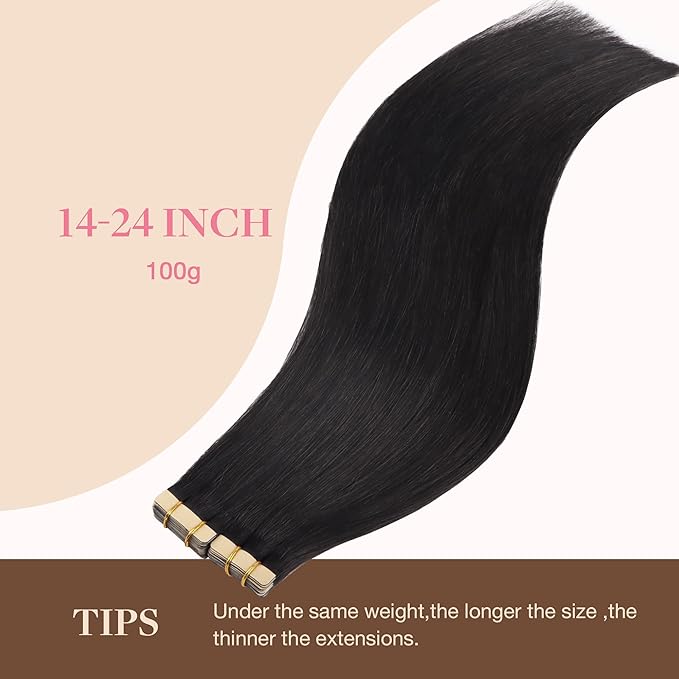 GOO GOO Tape in Hair Extensions Human Hair, 1B Natural black, 26inch 120g 40pcs, Skin Weft Seamless Invisible, Silky Straight with Thick Ends, Remy Human Hair