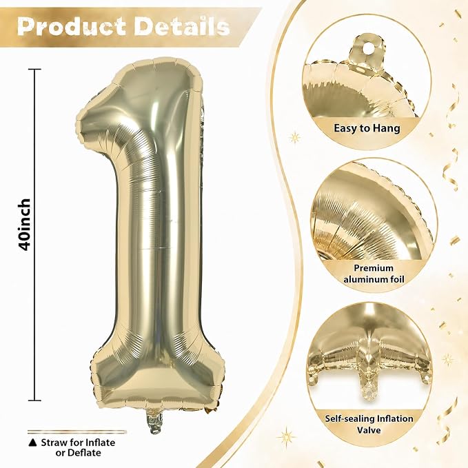 Champagne Gold 1 Balloons, 40 Inch Light Gold Helium Foil Number 1 Balloon Girls - Image 2