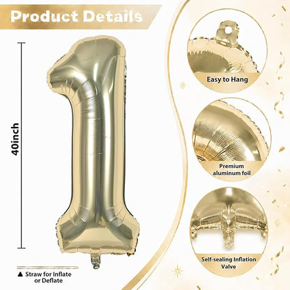 Champagne Gold 1 Balloons, 40 Inch Light Gold Helium Foil Number 1 Balloon Girls - Image 2