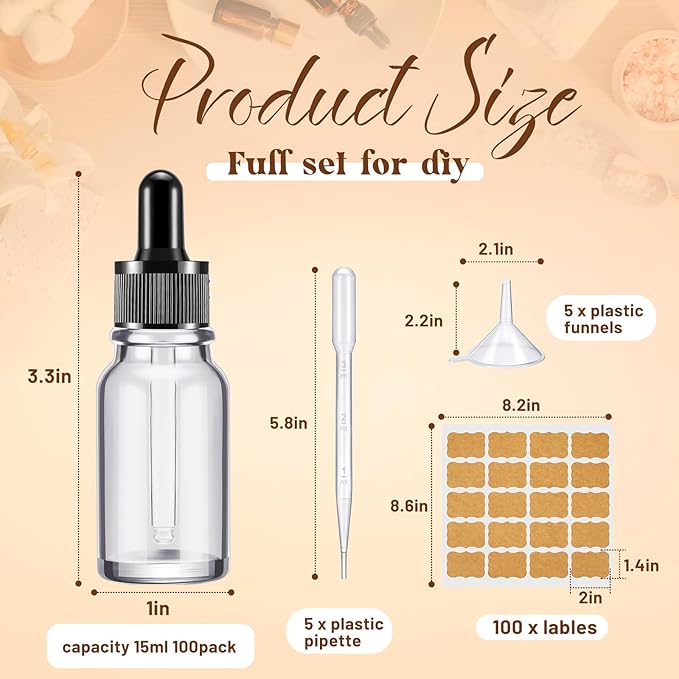 Lallisa 100 Pack Essential Oil Dropper Bottle 15 ml (1/2 Oz) Glass Dropper Bottles DIY for DIY Essential Oil Perfume with 5 Funnels 5 Pipettes 3ml 100 Labels for Bathrooms, Hotels, Labs (Clear)