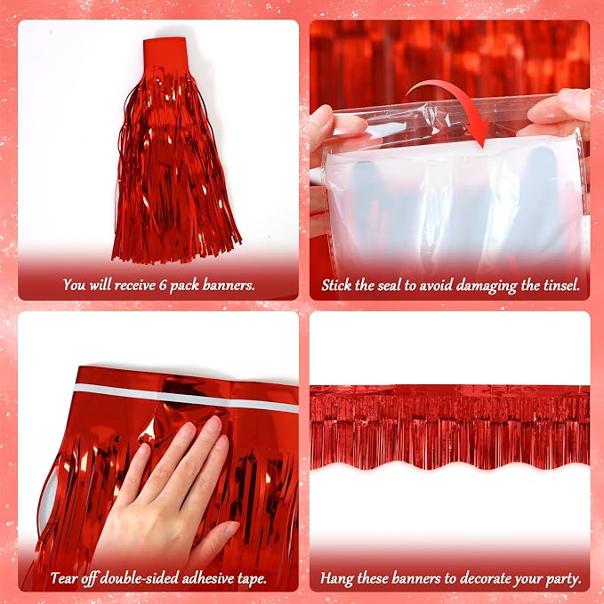 LOLStar Red Foil Fringe Tinsel Garland, Tinsel Streamers Banner, 6 Pack | 60Ft - Image 5