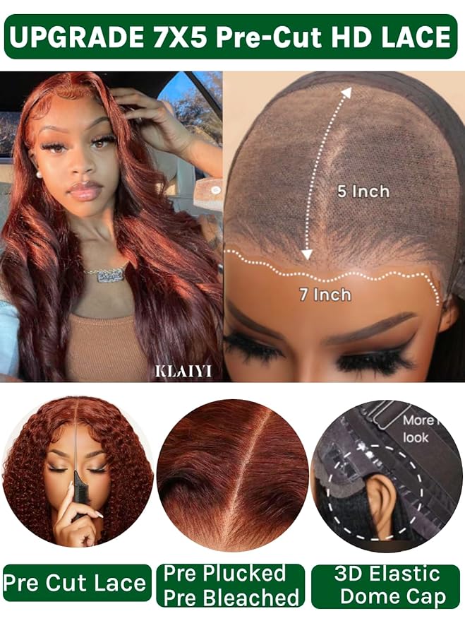 KLAIYI Bye Bye Knots Glueless Wig Reddish Brown Body Wave 7x5 Pre Cut HD Lace Front Wigs Human Hair Put On And Go Wig Pre Bleached Pre Plucked with Baby Hair 30S Ready To Wear 150% Density Full 16Inch
