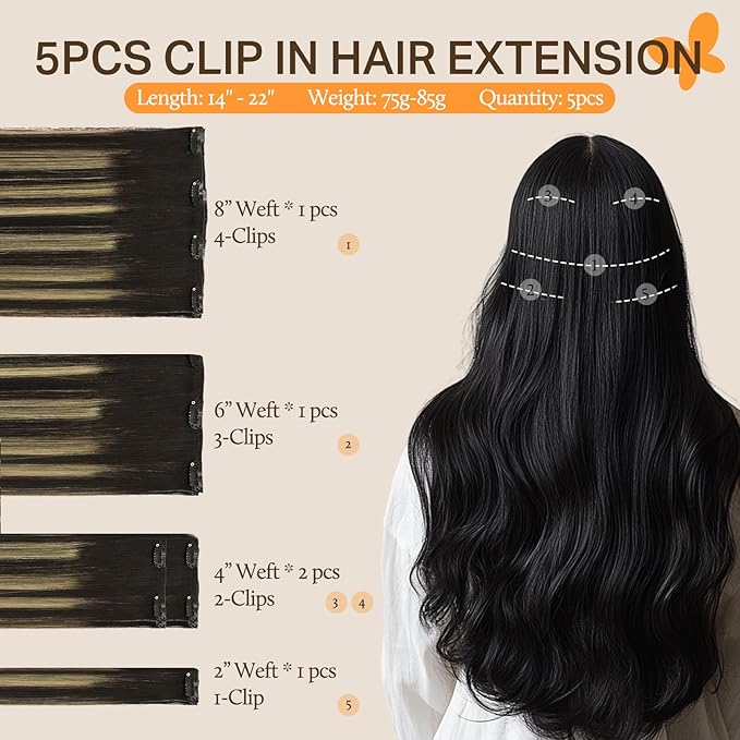 DOORES Clip in Hair Extensions Human Hair, 75g 5pcs Balayage Natural Black to Light Blonde 16 Inch Real Human Hair Extensions Clip in Remy Straight Natural Hair Extensions