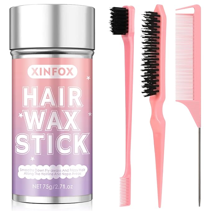 Hair Wax Stick, Slick Back Hair Brush, Wax Stick for Flyaways, Rat Tail Comb Edge Brush Styling Tool Set Accessories for Women Girls(Pink)