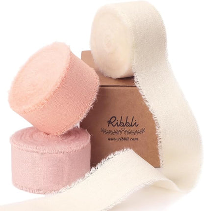 Ribbli 3 Rolls Pink Ribbon 1 Inch x 18 Yards Ivory Blush Dusty Pink Handmade by Ribbli