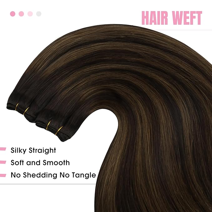 YoungSee Sew in Hair Extensions Real Human Hair Brown Balayage Weft Extensions Darkest Mixed Medium Brown Human Hair Sew in Extensions for Natural Look 16Inch 100G