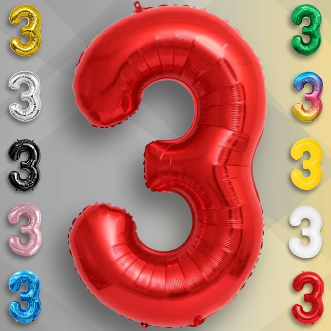 Red Number Balloon 3 Mylar Foil Balloons 16 inch - Image 2