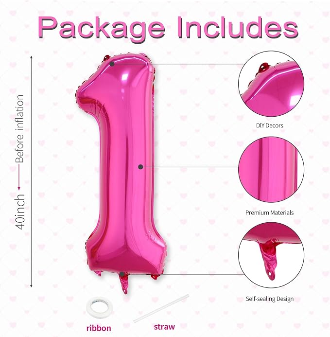 40 Inch Hot Pink Number 1 Balloon, Giant Number Balloons, Birthday Decor | - Image 3