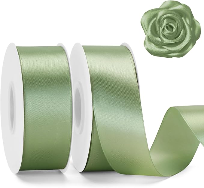 KINGLAKE Sage Green Satin Ribbon – 1-1/2 Inch x 2 Rolls Light Green Ribbon by KINGLAKE