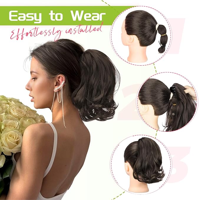 KooKaStyle Ponytail Extension, 10" Short Claw Clip in Pony Tails Hair Extensions Curly Wavy Synthetic Drawstring Ponytail Hairpieces for Women Girls Dark Brown