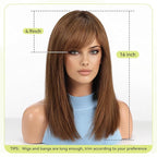 RSY 100% Human Hair Wigs for Women, Ombre Brown Shoulder Length Straight Layered Wig with Bangs, Natural Real Hair for Daily and Party Wear