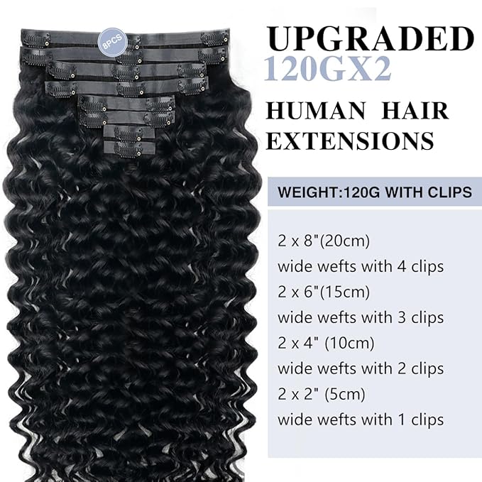 Deep Wave Clip in Hair Extensions Real Human Hair 2 Pack 240g Seamless Clip in Hair Extensions for Women Full Max with 18Pcs PU Thin Weft 18inch Natural Black