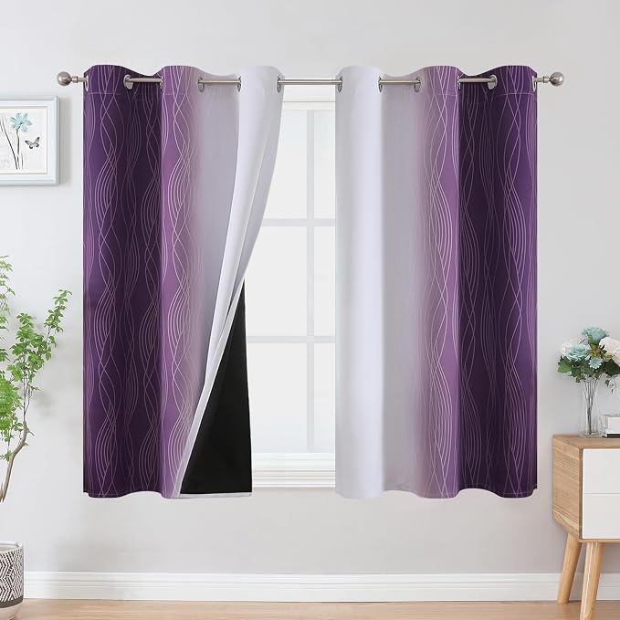 Purple and Greyish White Ombre Blackout Curtains 45 Inch Length 2 Panels by ESTELARTEXTILER