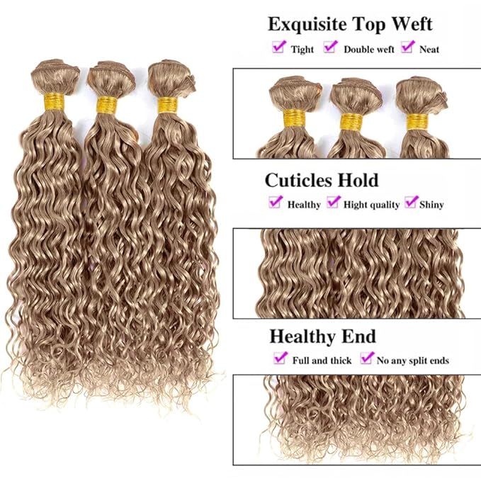 Ash Blonde Water Wave Bundles Human Hair Color #22 Bundle Niegmeag Brazilian Virgin Remy Hair 3 Bundles 24 26 28 Inch #22 Blonde Wet and Wavy Bundle