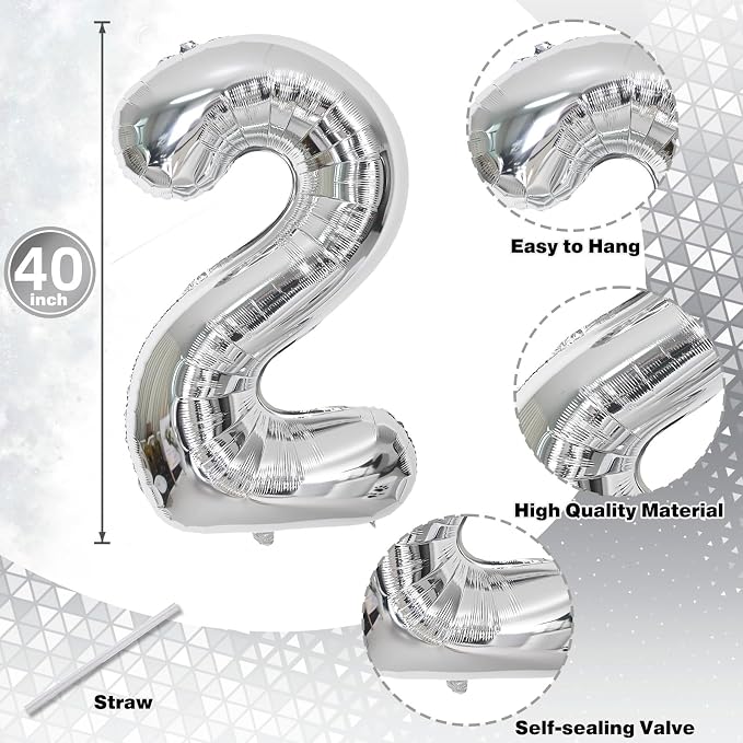 40 Inch 25th Birthday Balloons for Men, Mylar Self Inflating Silver 25 Balloon - Image 2