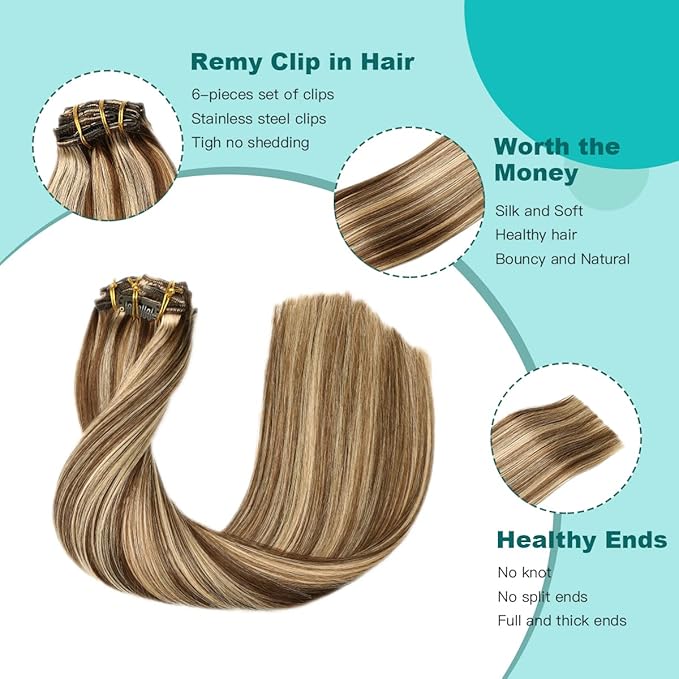 SURNEL Human Hair Extensions Clip in 22 Inch 6pcs 120g Real Human Hair Extensions Chocolate Brown and Caramel Blonde Clip in Hair Extensions (#4P27,22'')