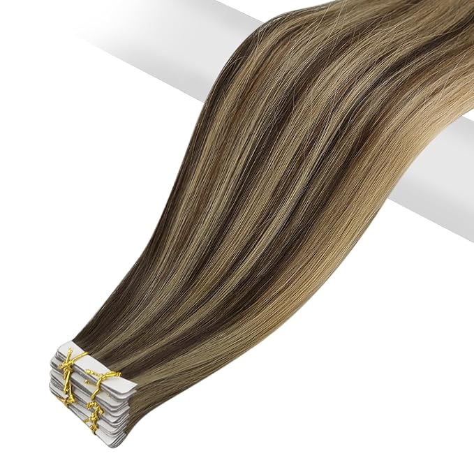 Full Shine Remy Virgin Injection Tape in Hair Extensions Real Human Hair Color BM Balayage Tape in Extensions 16 Inch Seamless Tapes in Human Hair Invisible Tapes Extensions 5Pcs 10G
