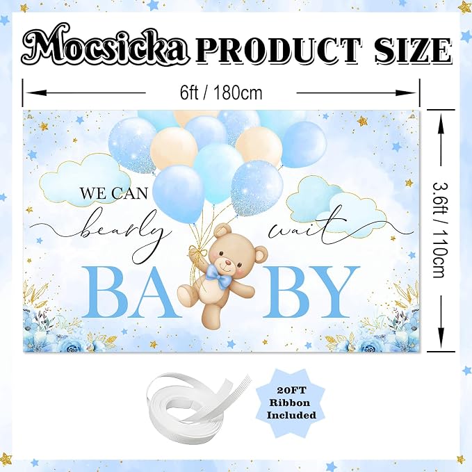 Mocsicka We Can Bearly Wait Backdrop Banner 6x3.6ft | Blue Balloons, Bear Baby - Image 4