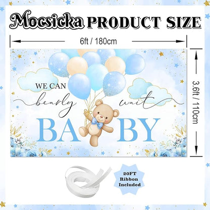 Mocsicka We Can Bearly Wait Backdrop Banner 6x3.6ft | Blue Balloons, Bear Baby - Image 4