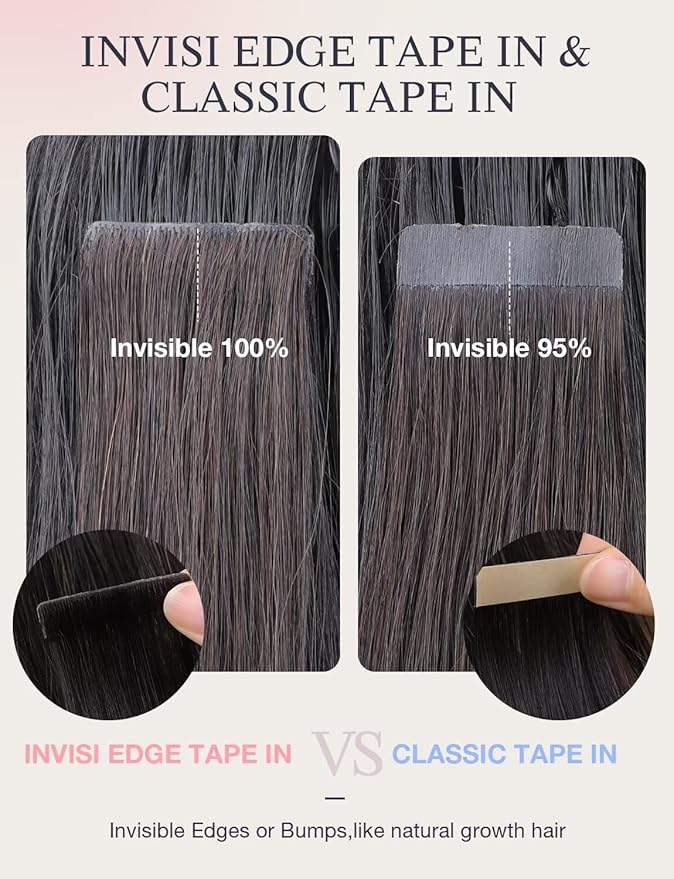 DOORES Invisible Tape in Hair Extensions Real Human Hair Invisi Edge, Jet Black 10pcs Injection Tape-ins 25g 18 Inch, Virgin Human Natural Injected Tape in Extensions Straight