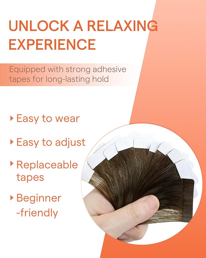 Sunny Hair Tape in Hair Extensions Real Human Hair Invisible Remy Hair Extensions Tape ins for Women Dark Brown Ombre Caramel Blonde Balayage 20 inch 25G