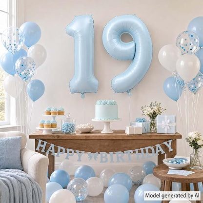 Baby Blue Number 19 Balloon 40 Inch, Sky Pastel Foil Digits Party Supplies | - Image 3