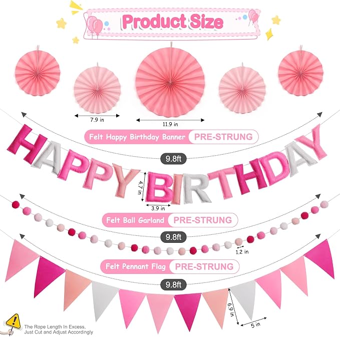 3D Happy Birthday Banner, Pre-Strung Felt Party Decorations | Ready-to-Hang 3D - Image 2
