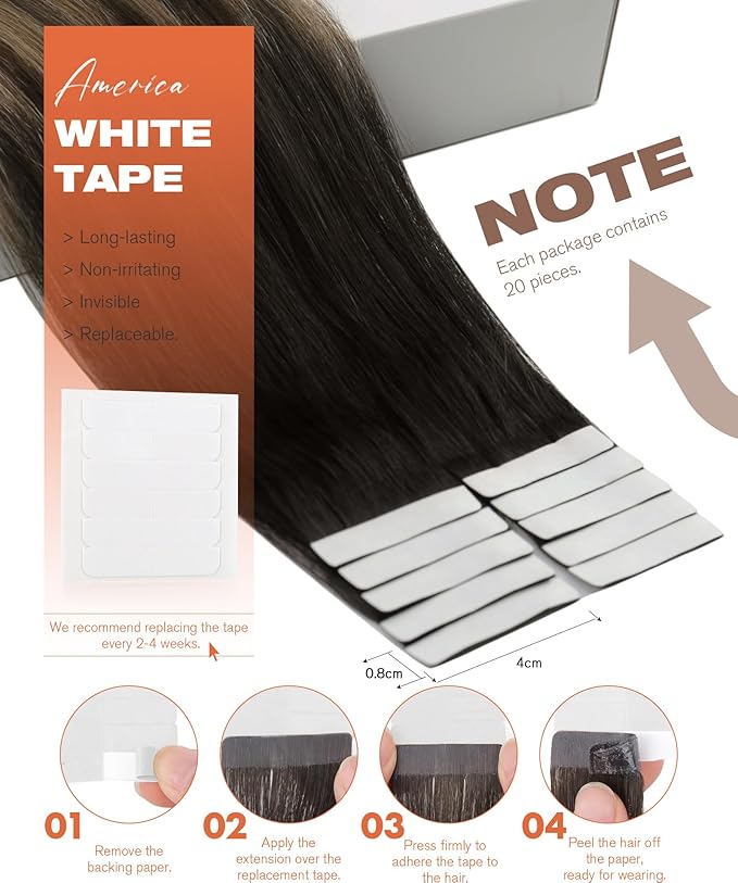 Sunny Hair Tape in Hair Extensions Real Human Hair Invisible Remy Hair Extensions Tape ins for Women Natural Black Ombre Dark Brown Balayage Ash Blonde 20 inch 20Pcs 50G