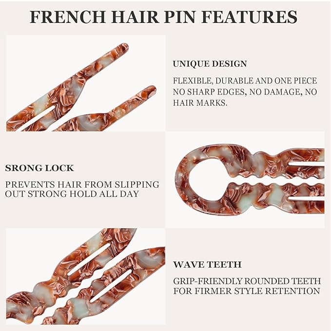 Sunolga 3pcs Prestige French Hair Pins for Women, 4.38" Large, Serrated Anti-Slip Design, Curved Shape for Better Head Fit, Coquette Elegant Hair Accessories for Updos, Chignon, Bun Hairstyles